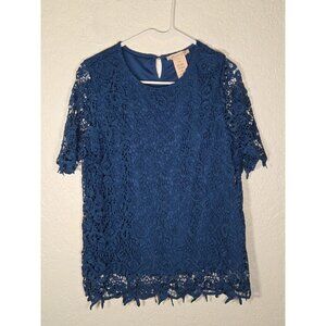 Philosophy Blue Lace Lined Crew Neck Short Sleeve Blouse Top sz L